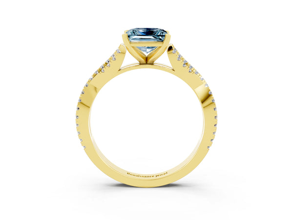 Yellow gold Princess Cut Aquamarine Solitaire Engagement Ring with Twisted Pavé Band and Four-Prong Setting