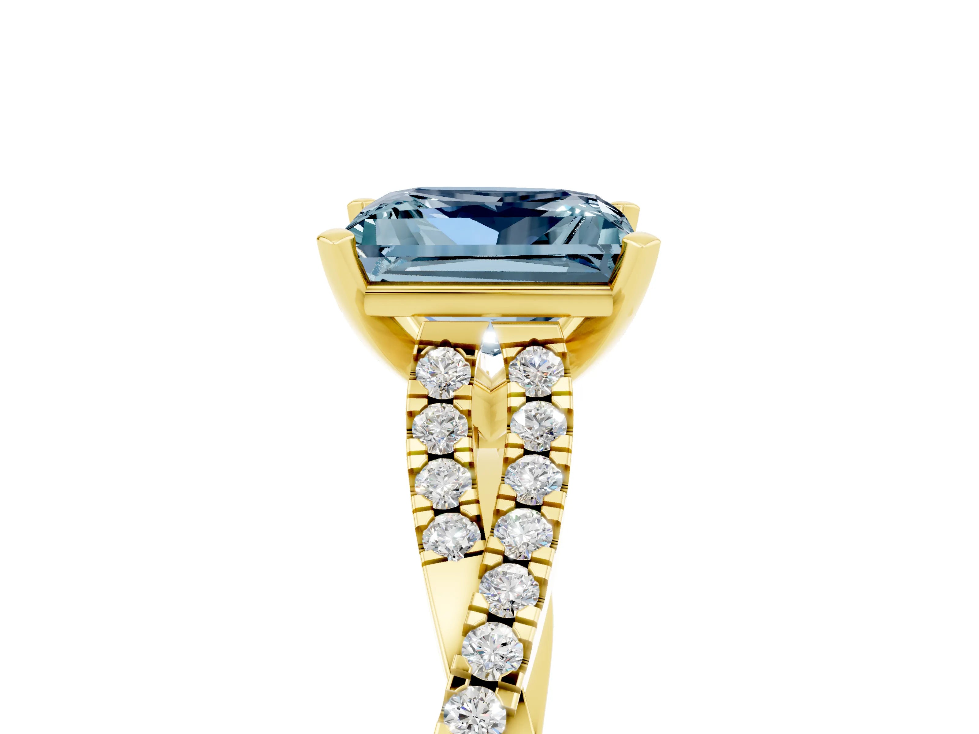 Yellow gold Princess Cut Aquamarine Solitaire Engagement Ring with Twisted Pavé Band and Four-Prong Setting_17