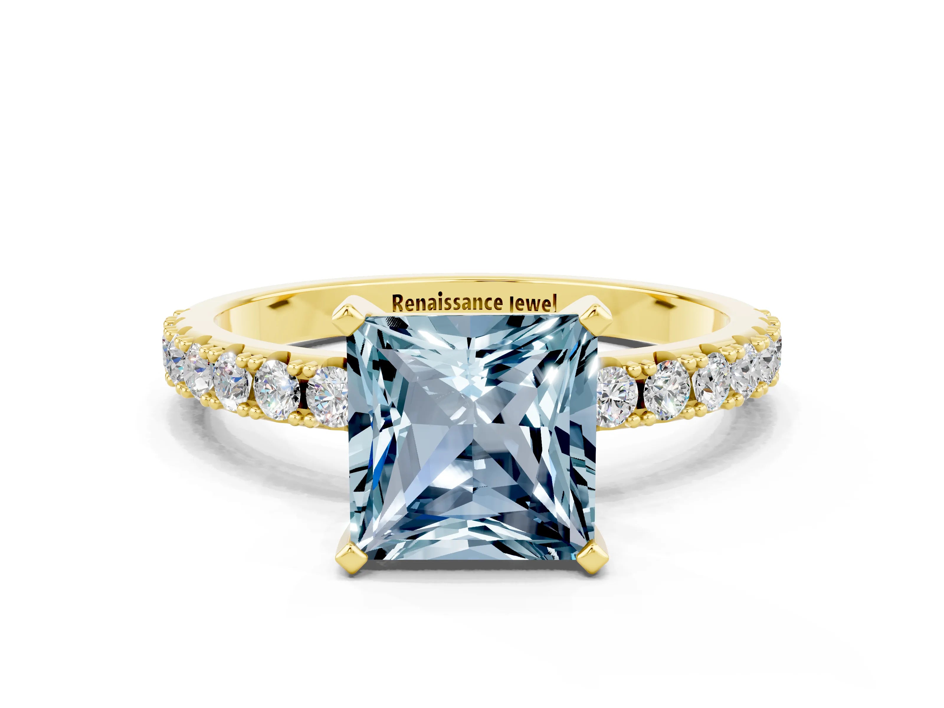 Yellow gold Princess Cut Aquamarine Solitaire Pavé Band with Four-Prong Setting