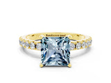 Yellow gold Princess Cut Aquamarine Solitaire Pavé Band with Four-Prong Setting