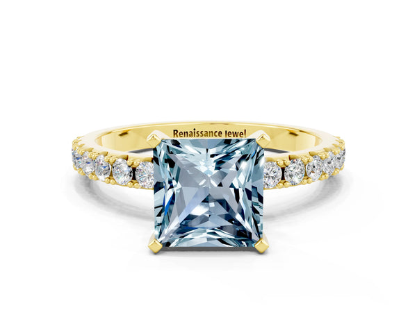 Yellow gold Princess Cut Aquamarine Solitaire Pavé Band with Four-Prong Setting