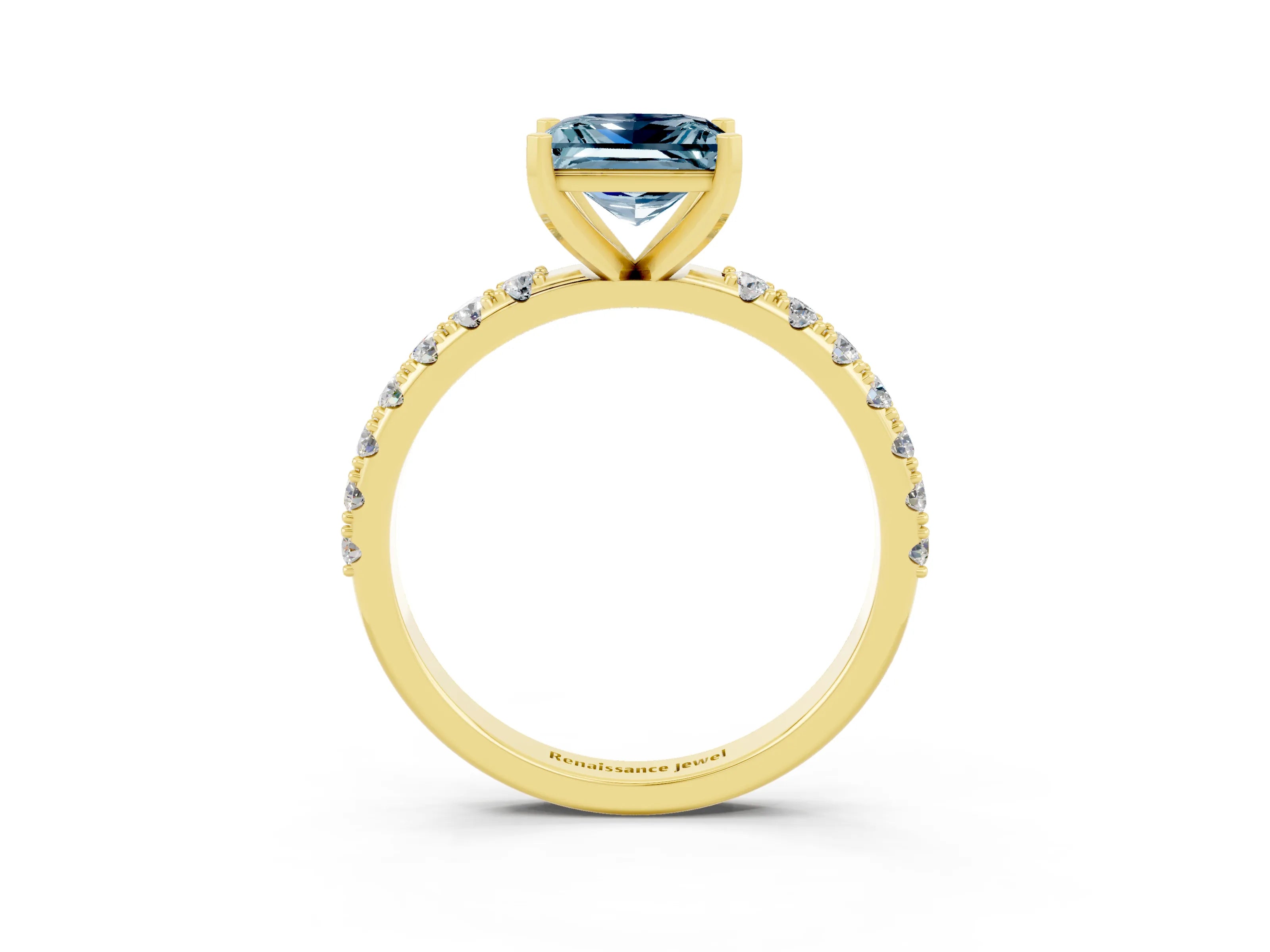 Yellow gold Princess Cut Aquamarine Solitaire Pavé Band with Four-Prong Setting_3