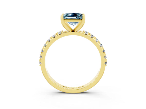 Yellow gold Princess Cut Aquamarine Solitaire Pavé Band with Four-Prong Setting