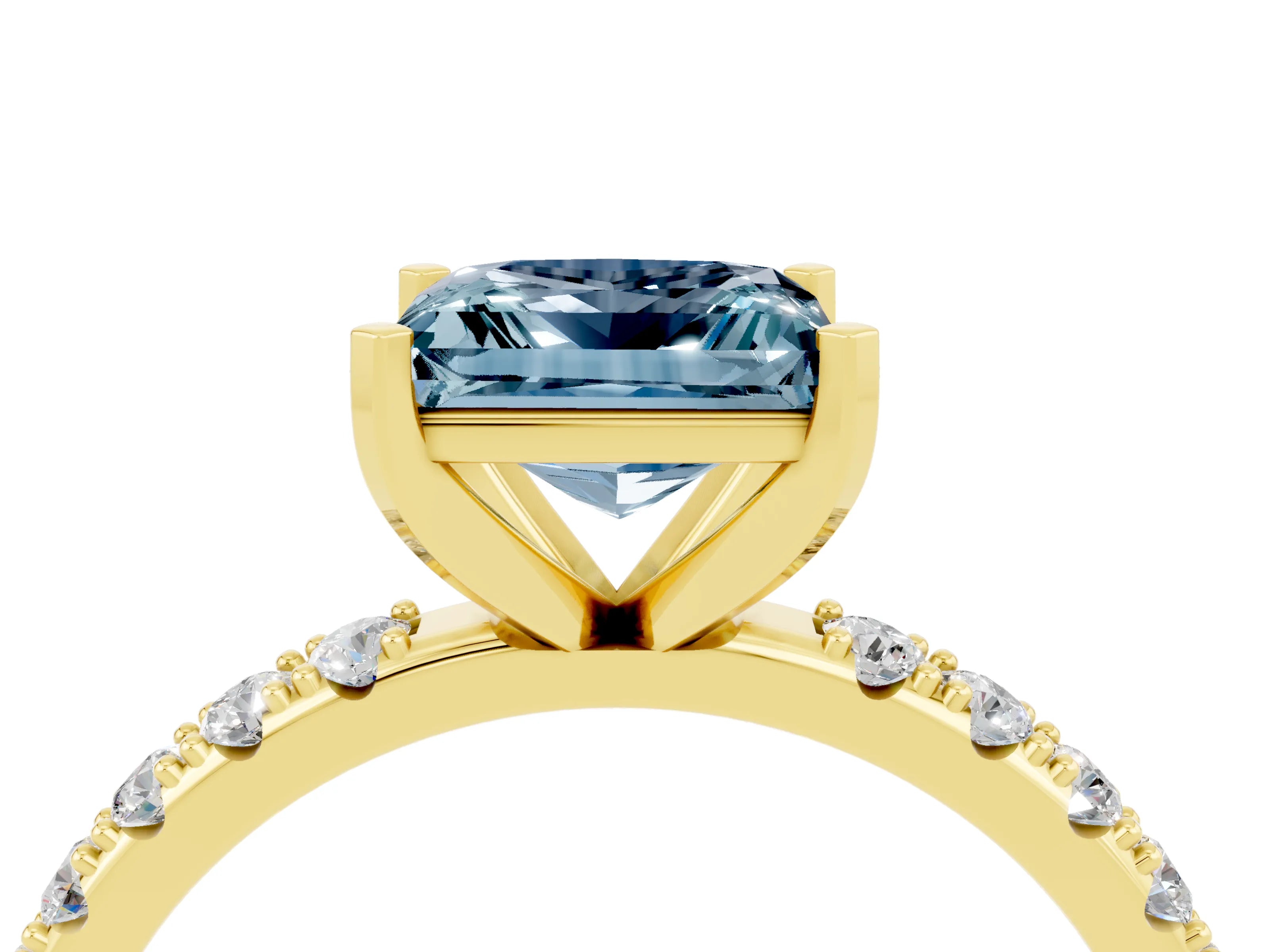 Yellow gold Princess Cut Aquamarine Solitaire Pavé Band with Four-Prong Setting_4