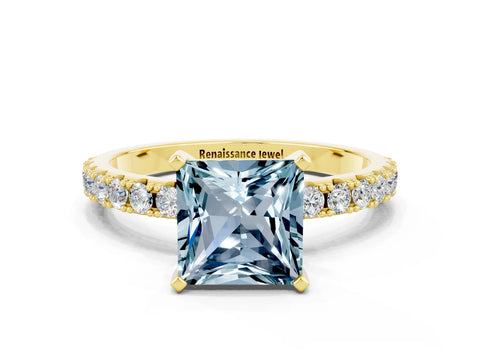 Yellow gold Princess Cut Aquamarine Solitaire Pavé Band with Four-Prong Setting