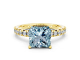 Yellow gold Princess Cut Aquamarine Solitaire Pavé Engagement Ring with Round Band and Prong Setting_12