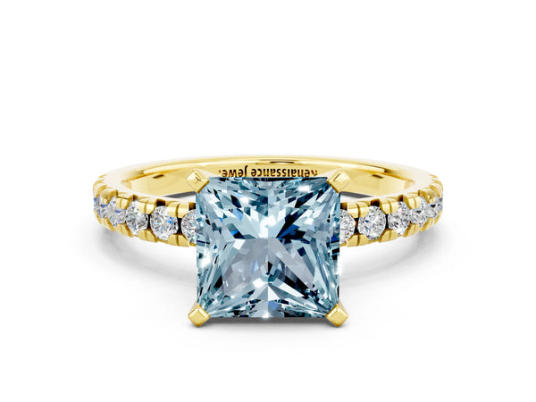 Yellow gold Princess Cut Aquamarine Solitaire Pavé Engagement Ring with Round Band and Prong Setting