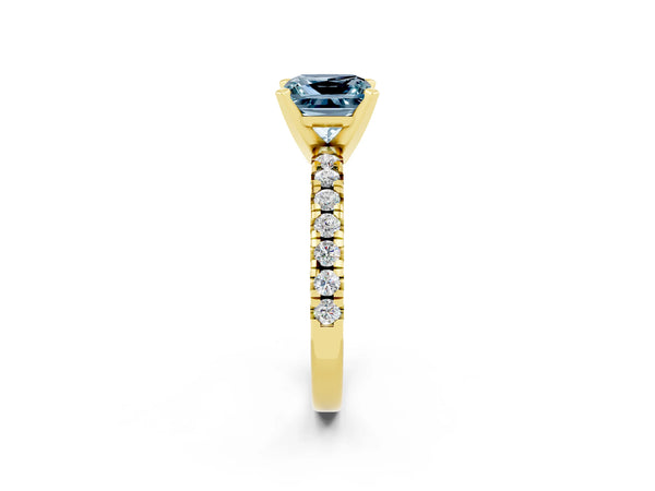Yellow gold Princess Cut Aquamarine Solitaire Pavé Engagement Ring with Round Band and Prong Setting
