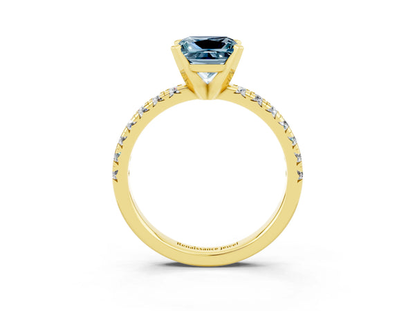 Yellow gold Princess Cut Aquamarine Solitaire Pavé Engagement Ring with Round Band and Prong Setting