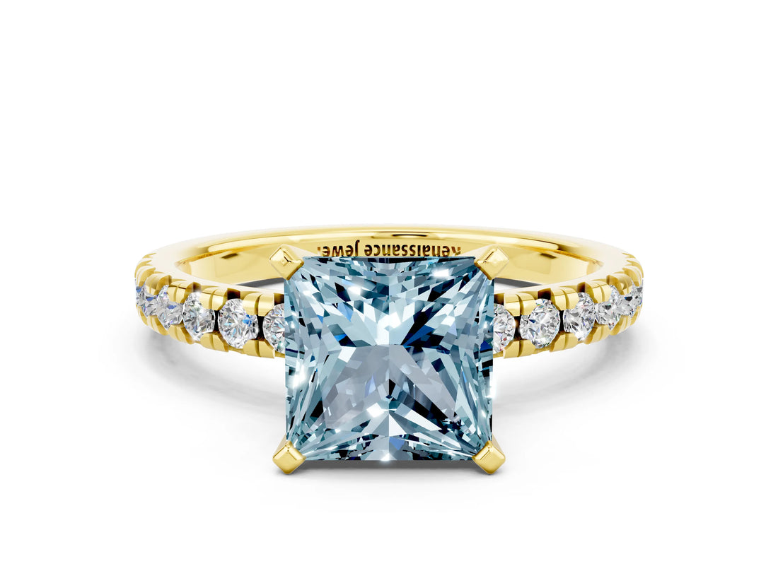 Yellow gold Princess Cut Aquamarine Solitaire Pavé Engagement Ring with Round Band and Prong Setting_66