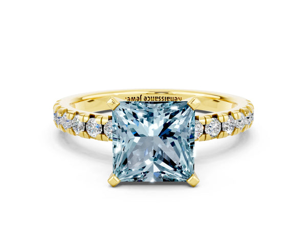 Yellow gold Princess Cut Aquamarine Solitaire Pavé Engagement Ring with Round Band and Prong Setting