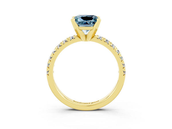 Yellow gold Princess Cut Aquamarine Solitaire Pavé Engagement Ring with Round Band and Prong Setting