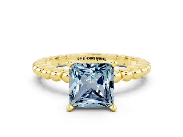 Yellow gold Princess Cut Aquamarine Solitaire Ring with Beaded Band and Prong Setting
