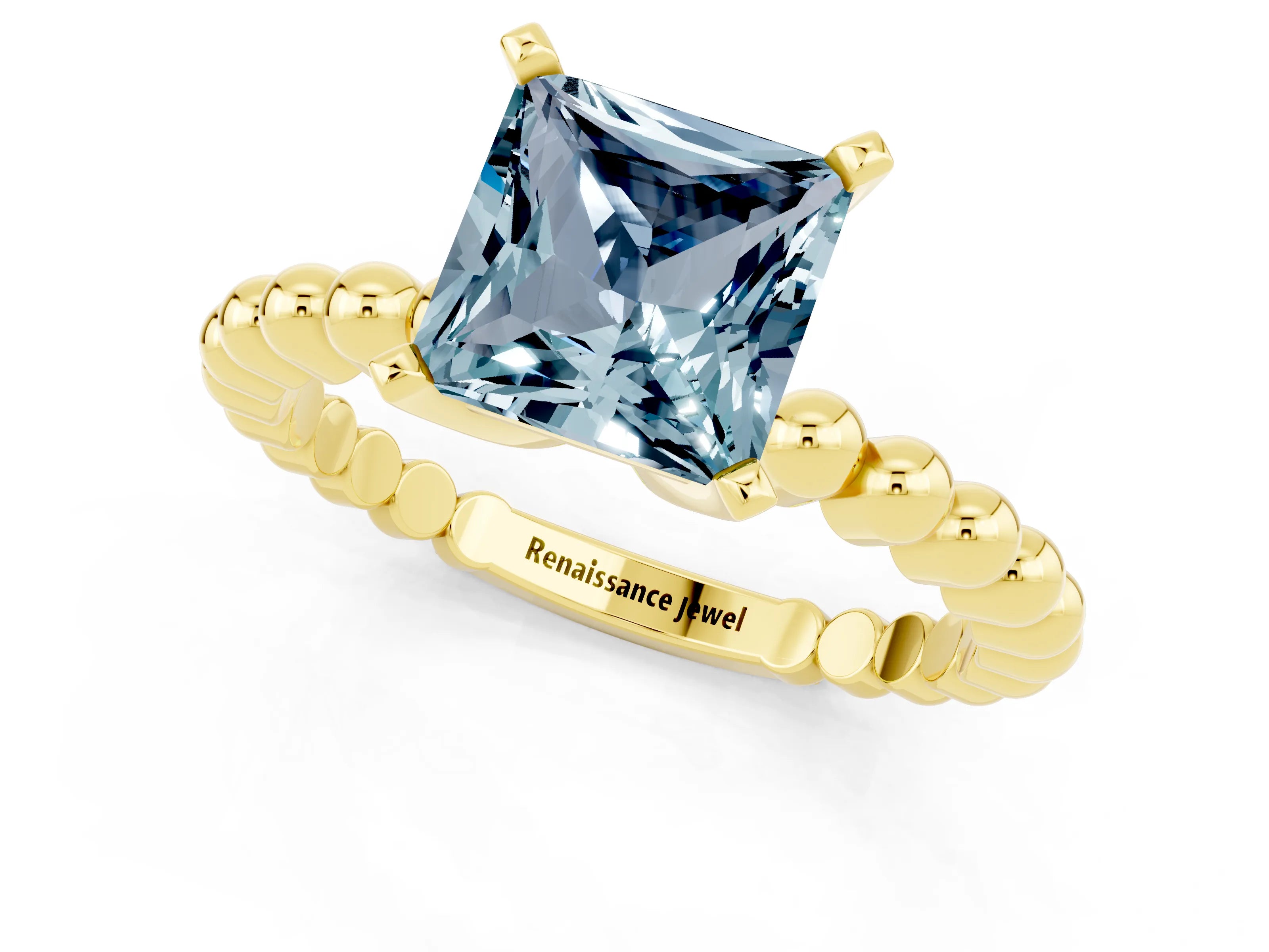 Yellow gold Princess Cut Aquamarine Solitaire Ring with Beaded Band and Prong Setting_1