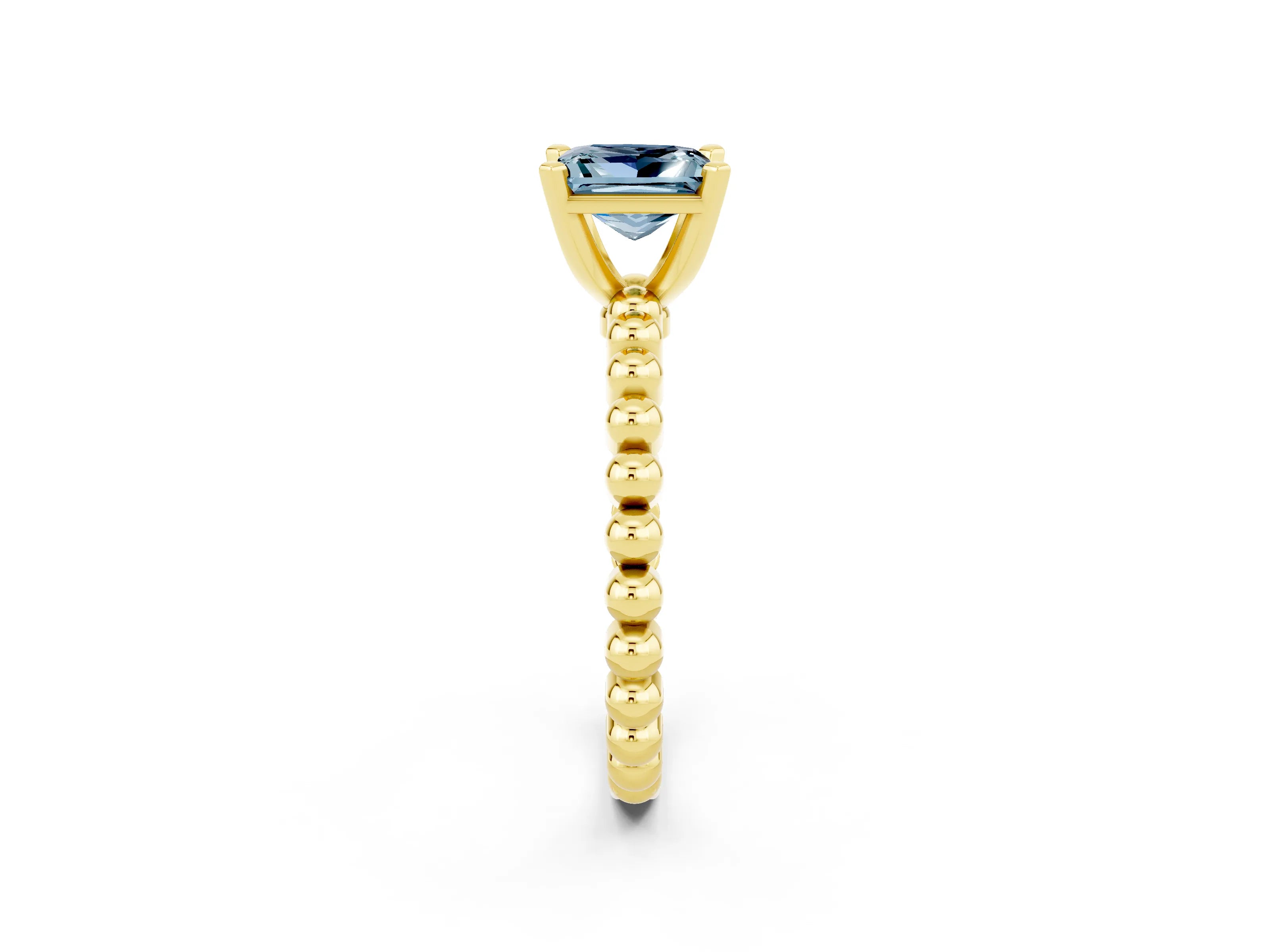 Yellow gold Princess Cut Aquamarine Solitaire Ring with Beaded Band and Prong Setting_2