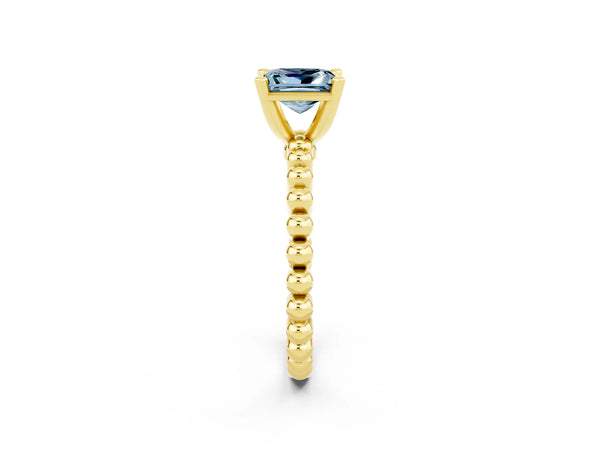 Yellow gold Princess Cut Aquamarine Solitaire Ring with Beaded Band and Prong Setting