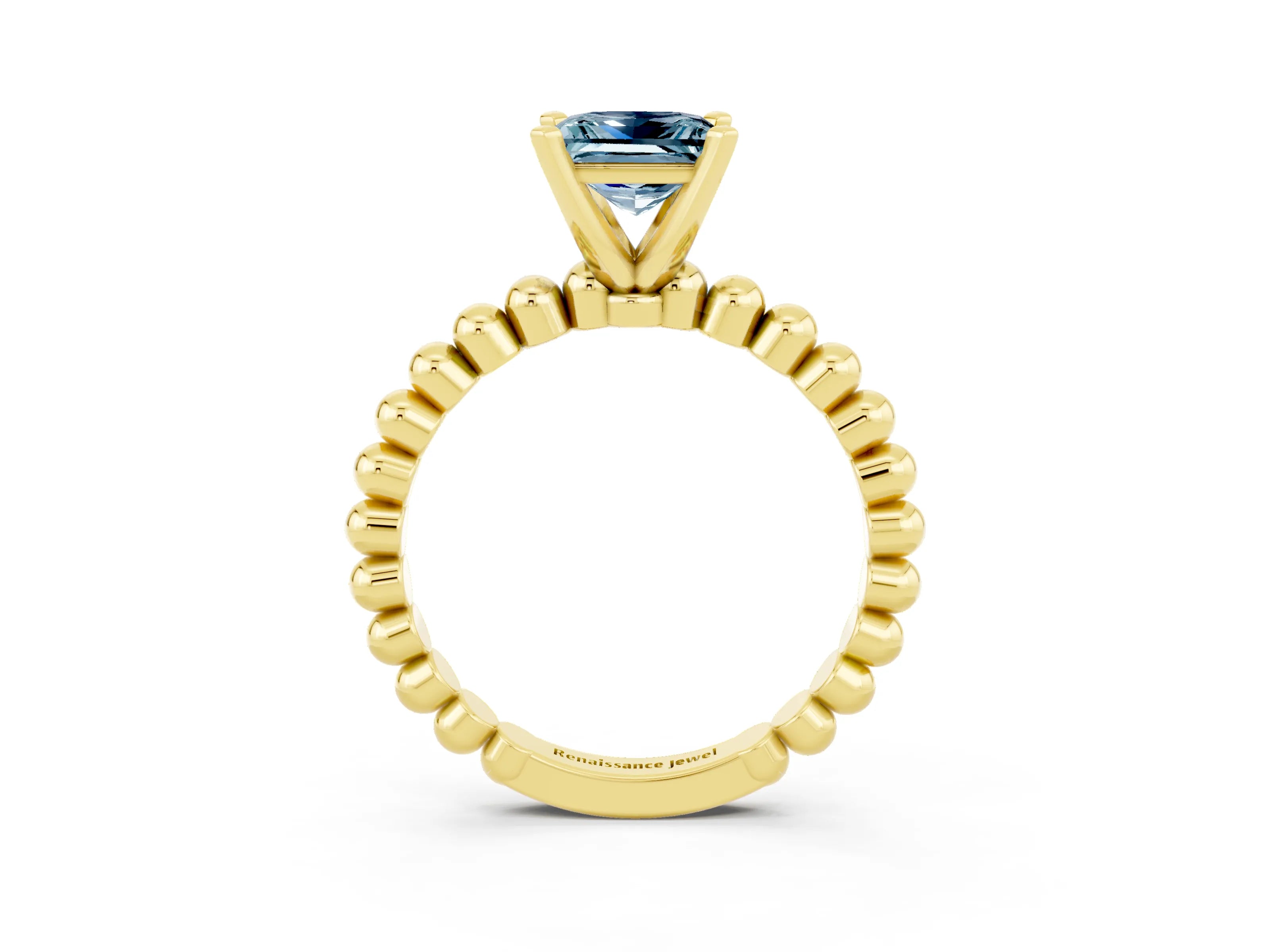 Yellow gold Princess Cut Aquamarine Solitaire Ring with Beaded Band and Prong Setting_3