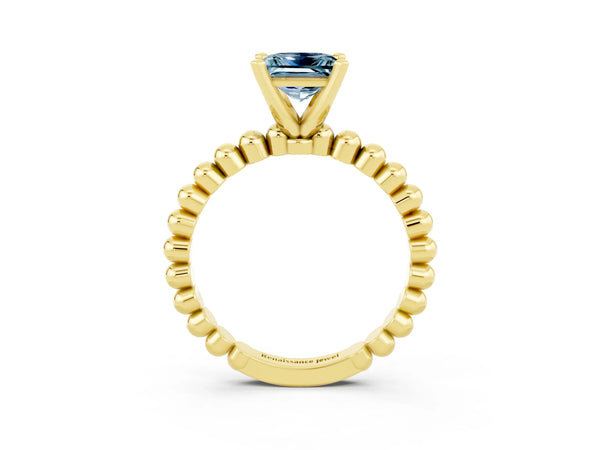 Yellow gold Princess Cut Aquamarine Solitaire Ring with Beaded Band and Prong Setting