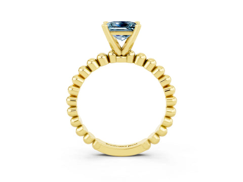 Yellow gold Princess Cut Aquamarine Solitaire Ring with Beaded Band and Prong Setting_3