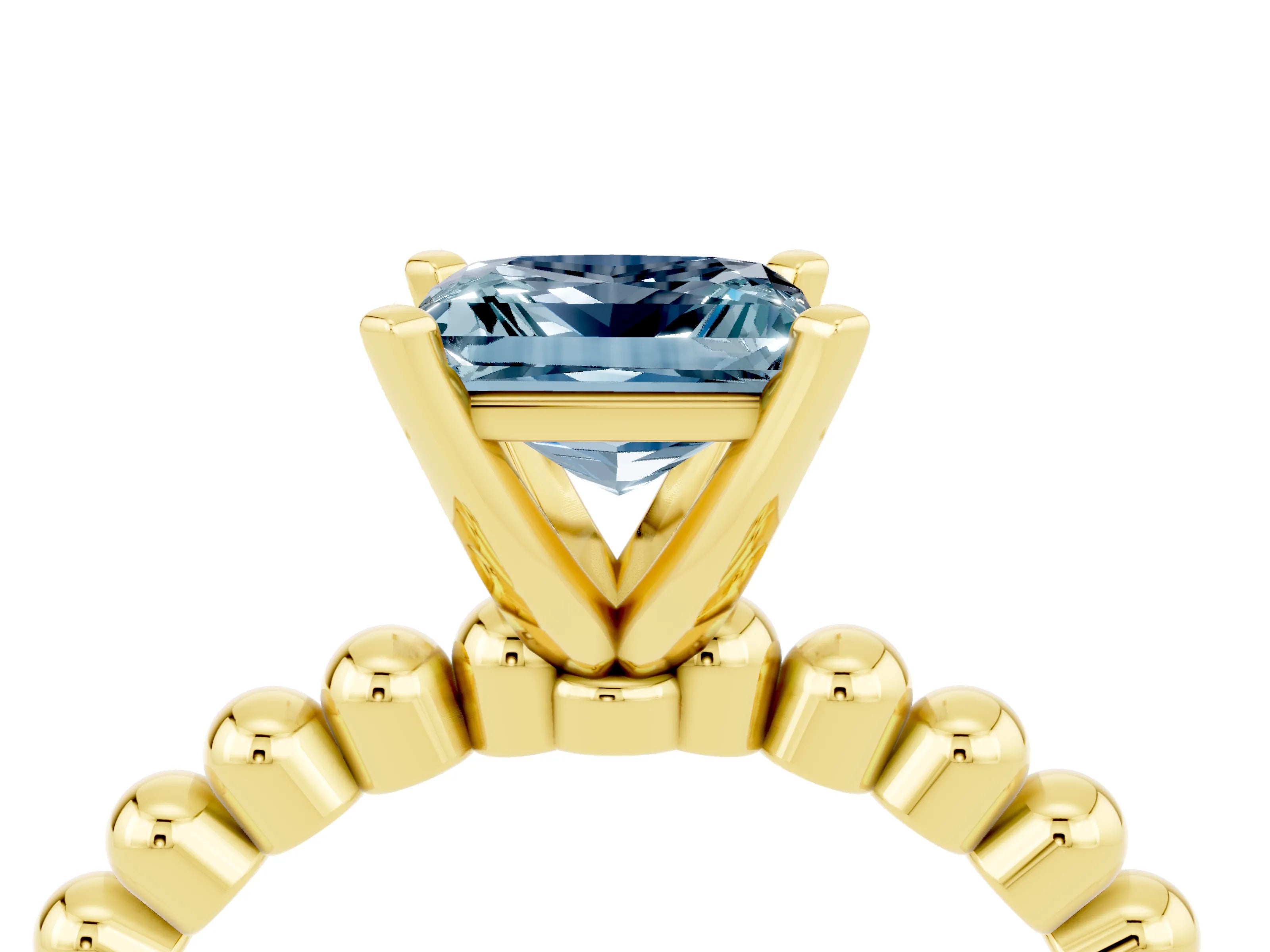 Yellow gold Princess Cut Aquamarine Solitaire Ring with Beaded Band and Prong Setting_4