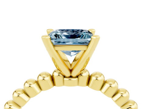 Yellow gold Princess Cut Aquamarine Solitaire Ring with Beaded Band and Prong Setting_4