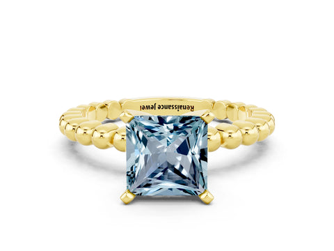 Yellow gold Princess Cut Aquamarine Solitaire Ring with Beaded Band and Prong Setting
