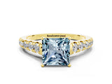Yellow gold Princess Cut Aquamarine Solitaire Ring with Cathedral Setting and Pavé Band