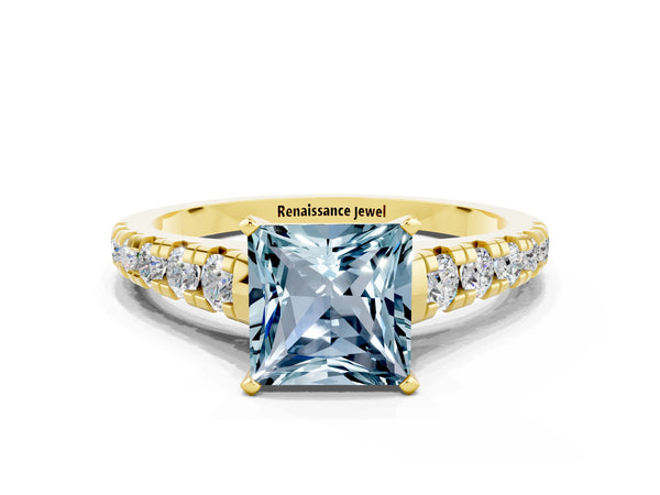 Yellow gold Princess Cut Aquamarine Cathedral Solitaire Ring with Round  Pavé Band