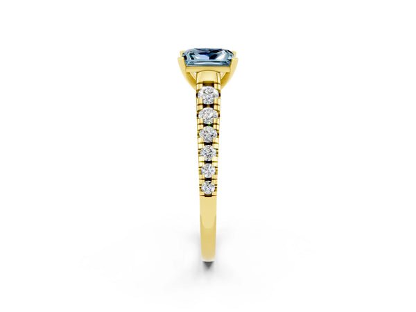 Yellow gold Princess Cut Aquamarine Cathedral Solitaire Ring with Round  Pavé Band