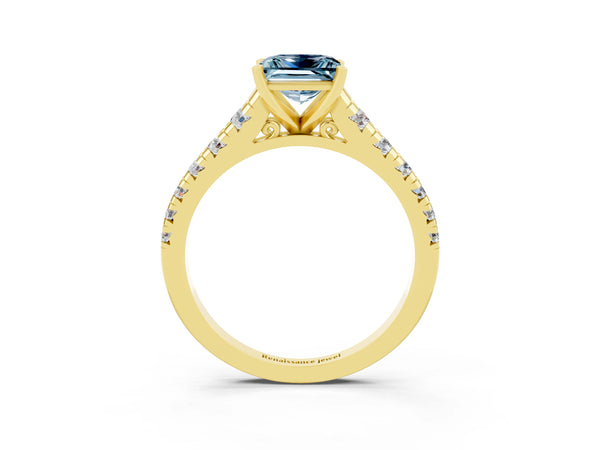 Yellow gold Princess Cut Aquamarine Cathedral Solitaire Ring with Round  Pavé Band