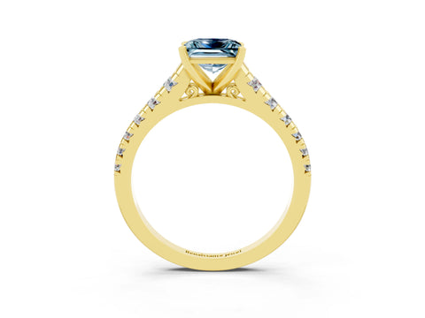 Yellow gold Princess Cut Aquamarine Solitaire Ring with Cathedral Setting and Pavé Band_3