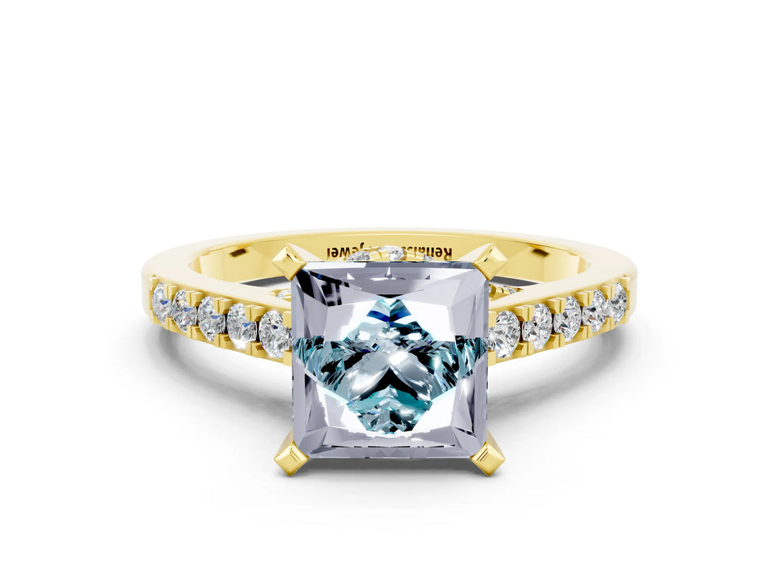 Yellow gold Princess Cut Aquamarine Solitaire Ring with Crossover Gallery and Round  Pavé Band_12