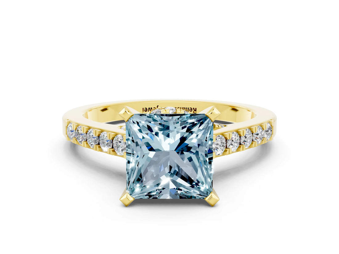 Yellow gold Princess Cut Aquamarine Solitaire Ring with Crossover Gallery and Round  Pavé Band_36
