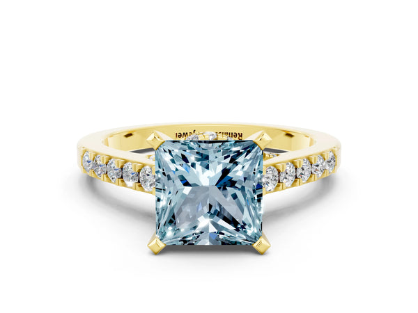 Yellow gold Princess Cut Aquamarine Solitaire Ring with Crossover Gallery and Round  Pavé Band