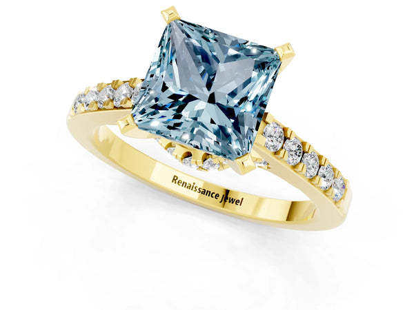 Yellow gold Princess Cut Aquamarine Solitaire Ring with Crossover Gallery and Round  Pavé Band
