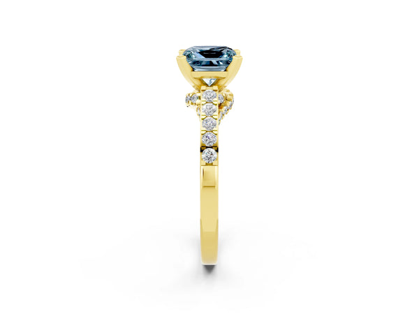 Yellow gold Princess Cut Aquamarine Solitaire Ring with Crossover Gallery and Round  Pavé Band