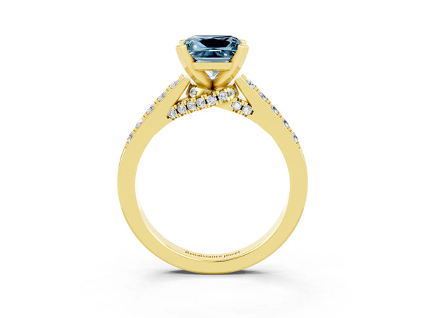 Yellow gold Princess Cut Aquamarine Solitaire Ring with Crossover Gallery and Round  Pavé Band