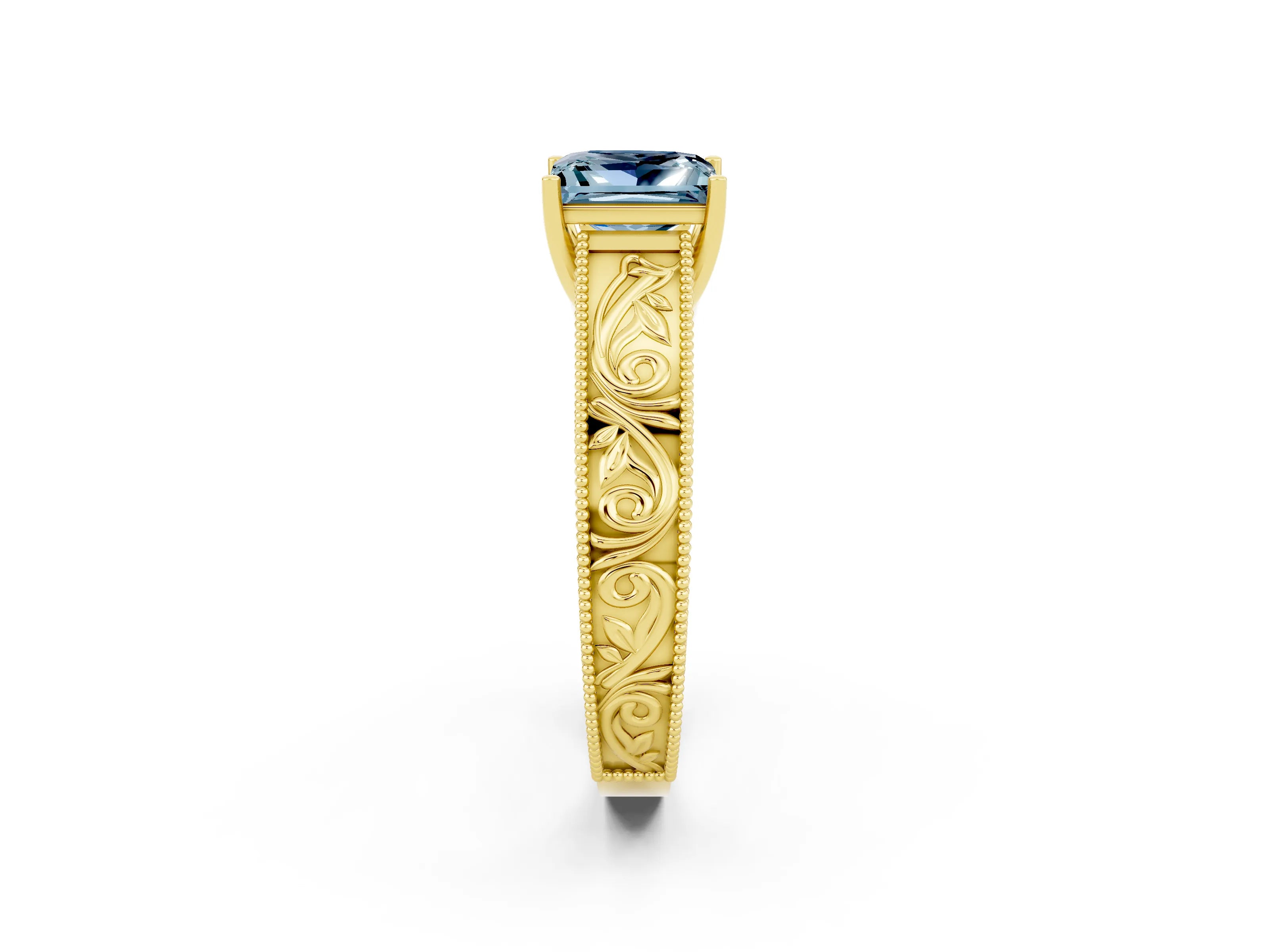 Yellow gold Princess Cut Aquamarine Solitaire Ring with Engraved Band and Four-Prong Setting_2