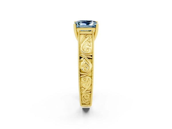 Yellow gold Princess Cut Aquamarine Solitaire Ring with Engraved Band and Four-Prong Setting