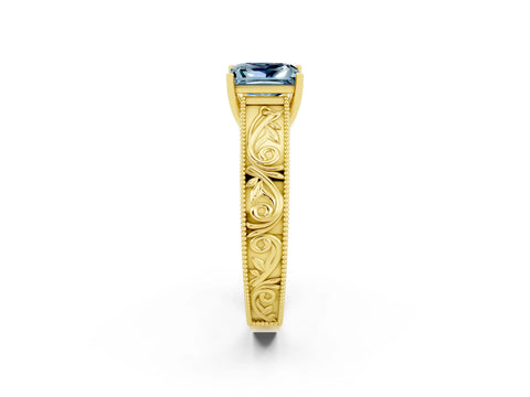 Yellow gold Princess Cut Aquamarine Solitaire Ring with Engraved Band and Four-Prong Setting_2