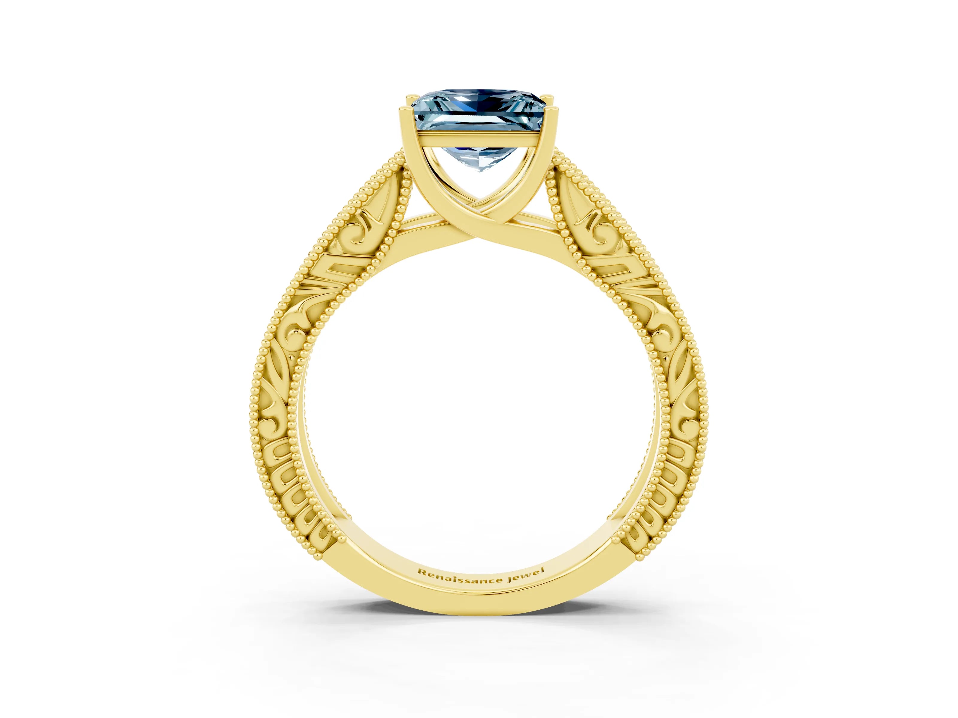 Yellow gold Princess Cut Aquamarine Solitaire Ring with Engraved Band and Four-Prong Setting_3