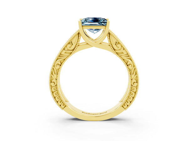 Yellow gold Princess Cut Aquamarine Solitaire Ring with Engraved Band and Four-Prong Setting