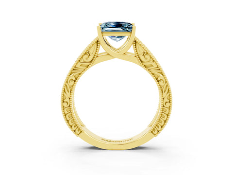 Yellow gold Princess Cut Aquamarine Solitaire Ring with Engraved Band and Four-Prong Setting_3