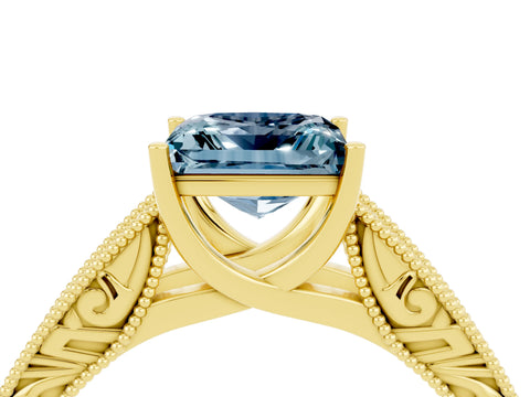 Yellow gold Princess Cut Aquamarine Solitaire Ring with Engraved Band and Four-Prong Setting_4