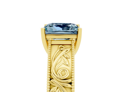 Yellow gold Princess Cut Aquamarine Solitaire Ring with Engraved Band and Four-Prong Setting_5