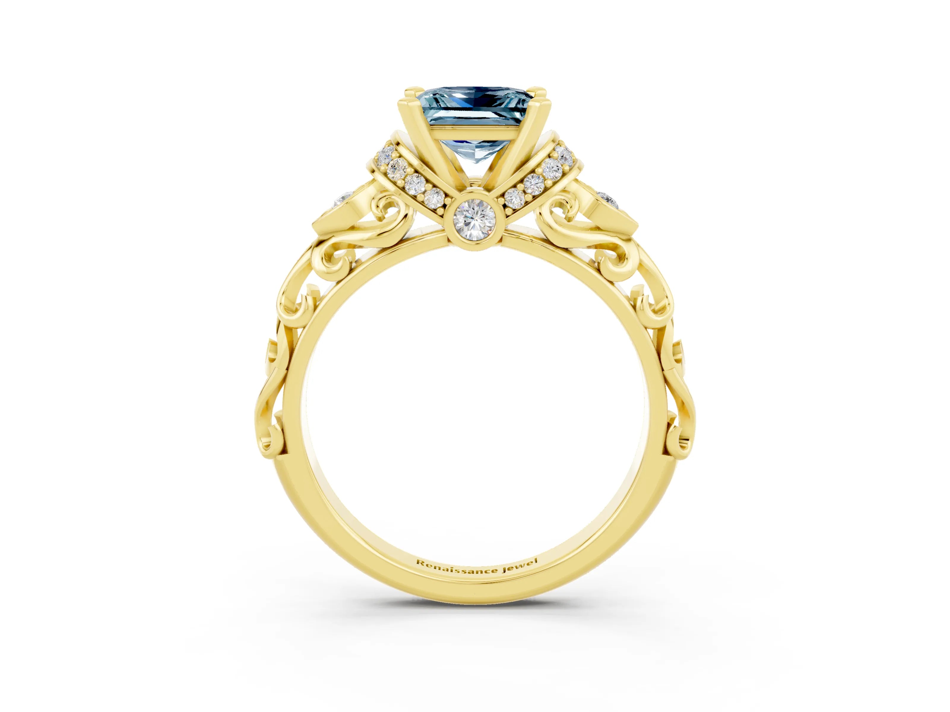 Yellow gold Princess Cut Aquamarine Solitaire Ring with Filigree Band and Four-Prong Setting_27