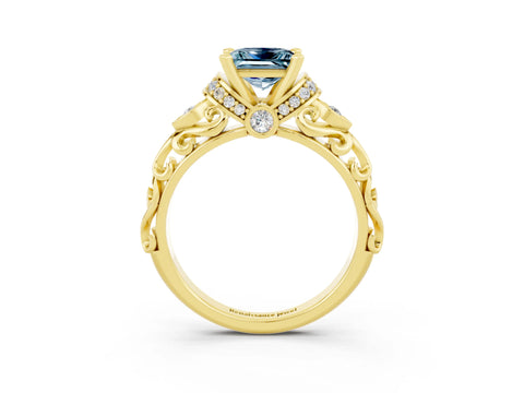 Yellow gold Princess Cut Aquamarine Solitaire Ring with Filigree Band and Four-Prong Setting_27
