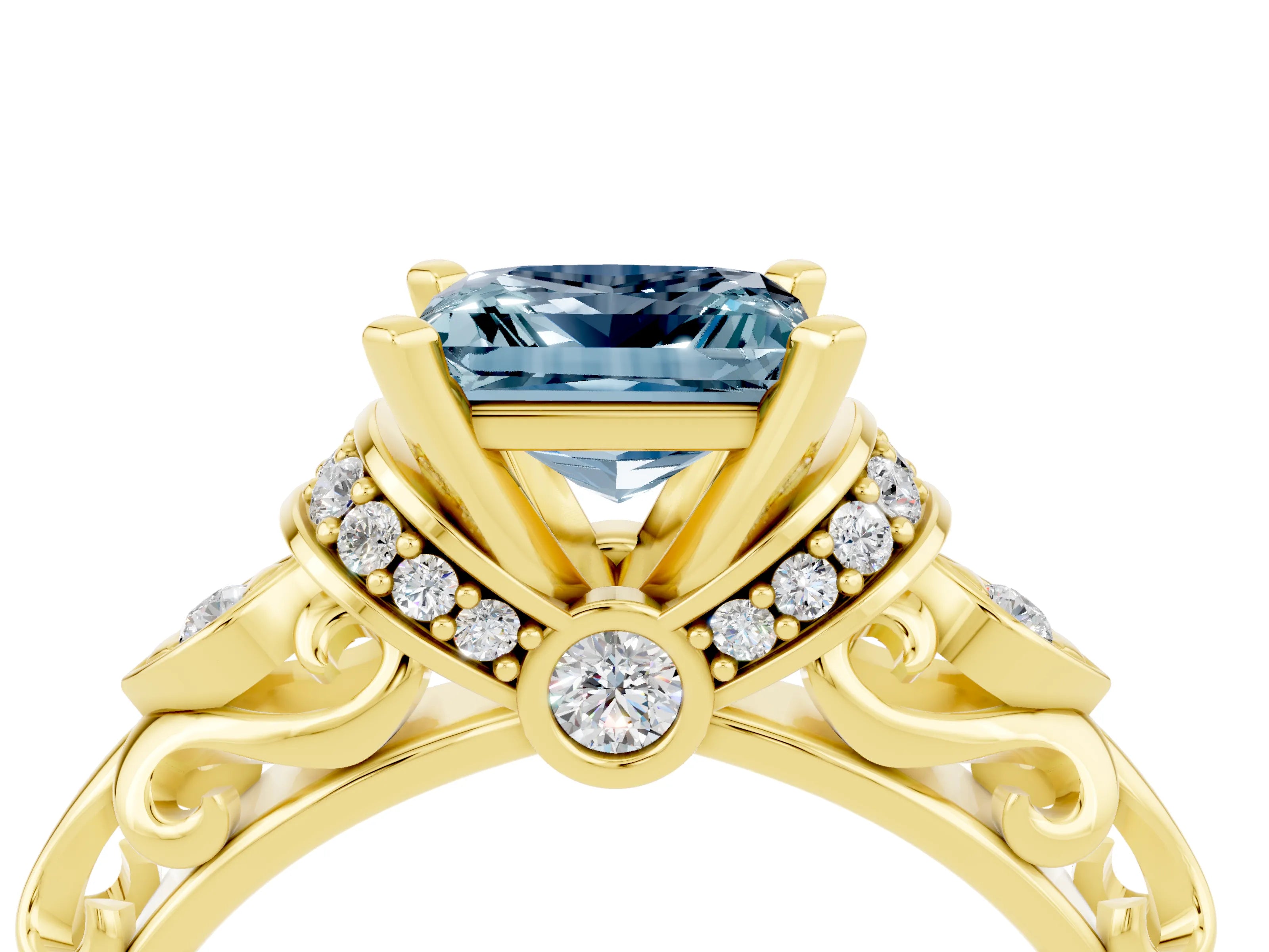 Yellow gold Princess Cut Aquamarine Solitaire Ring with Filigree Band and Four-Prong Setting_28