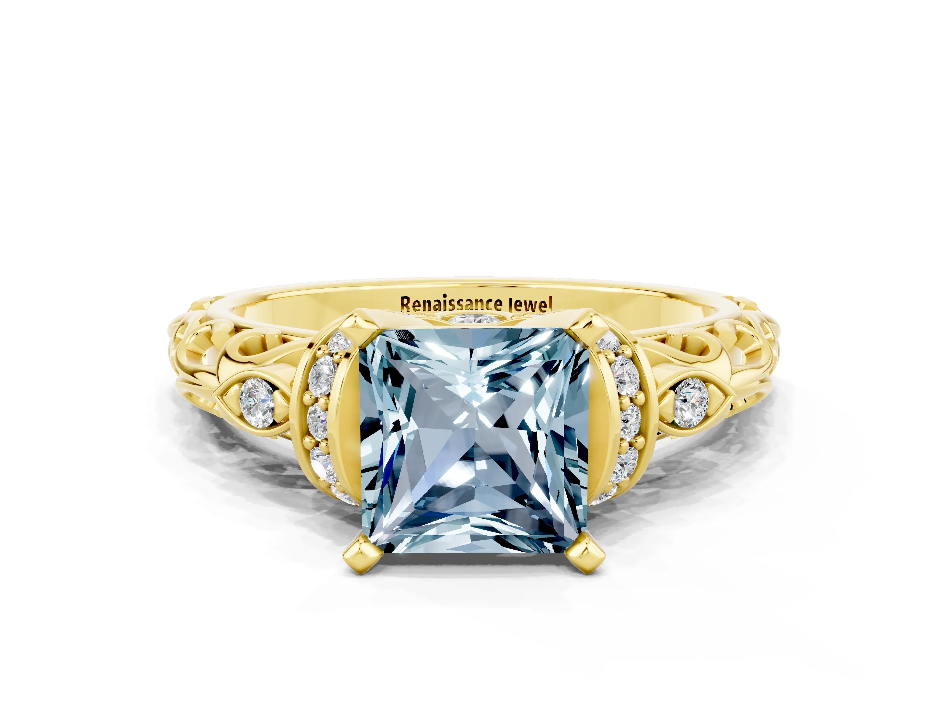 Yellow gold Princess Cut Aquamarine Solitaire Ring with Filigree Band and Four-Prong Setting_34