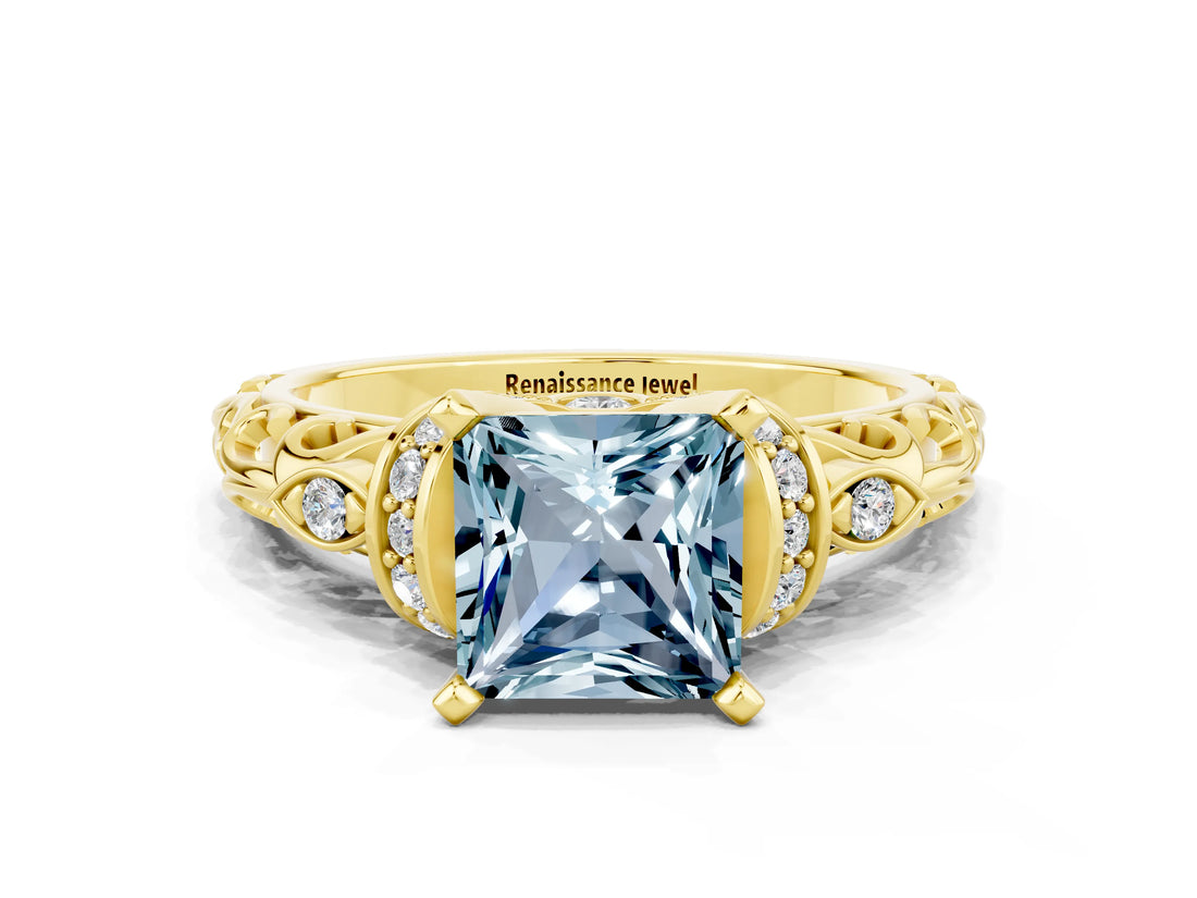 Yellow gold Princess Cut Aquamarine Solitaire Ring with Filigree Band and Four-Prong Setting_34